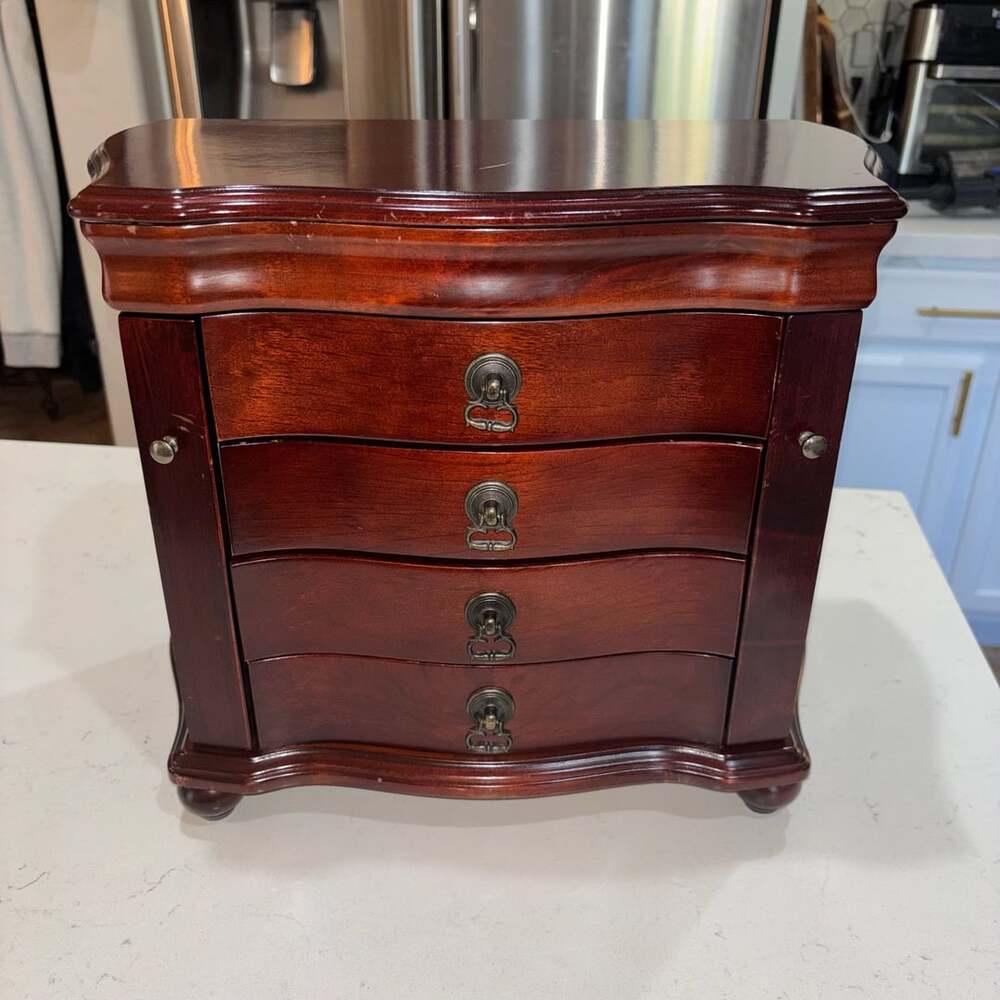 Vintage Dark Wood Jewelry Box Armoire Chest 13”x15”x8” White Velvet